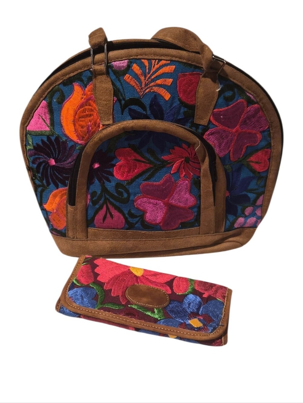 Embroidered Floral Tote Bag and Wallet Set - Multicolor